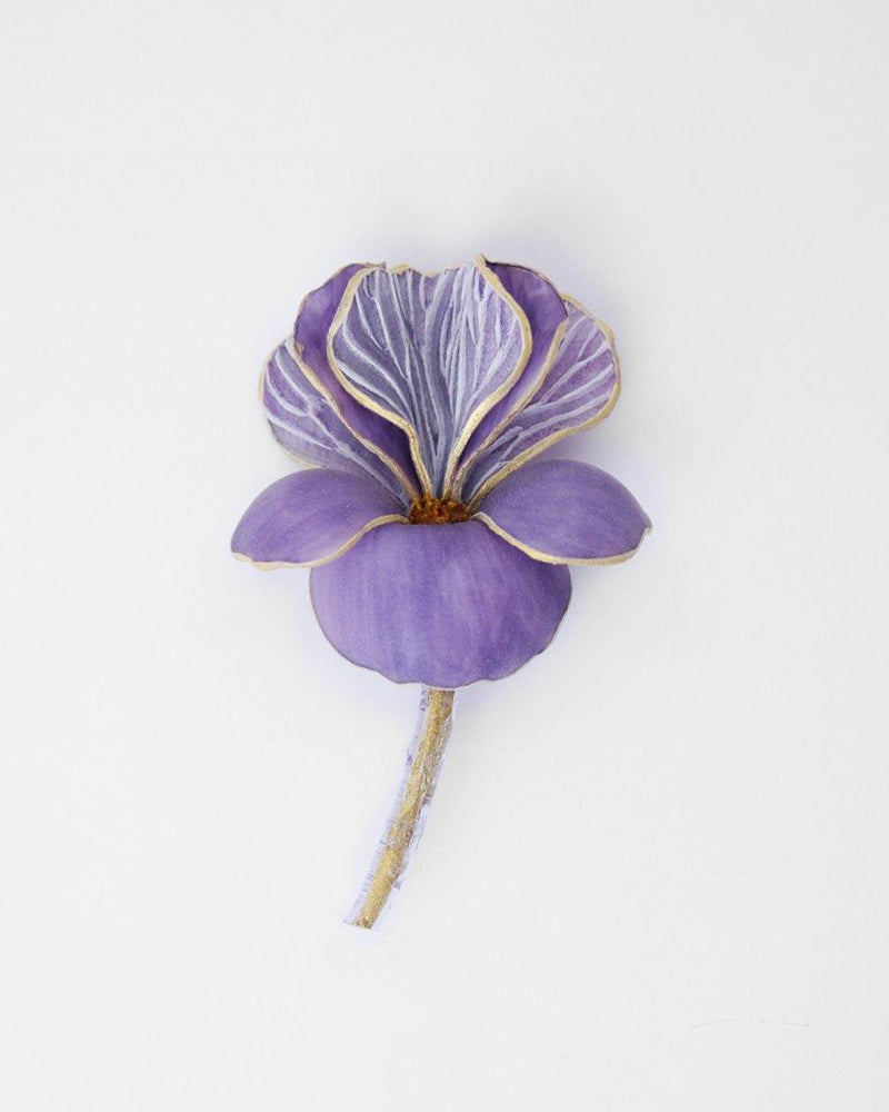 broche fleur d'iris violette tige d'or