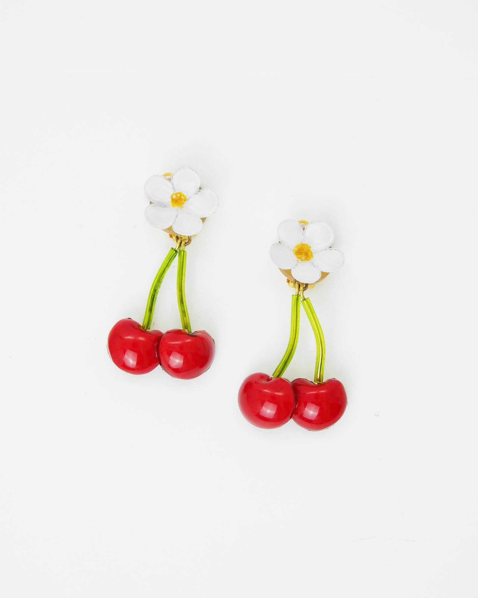 Boucles d'oreilles cerises rouges avec fleurs blanches