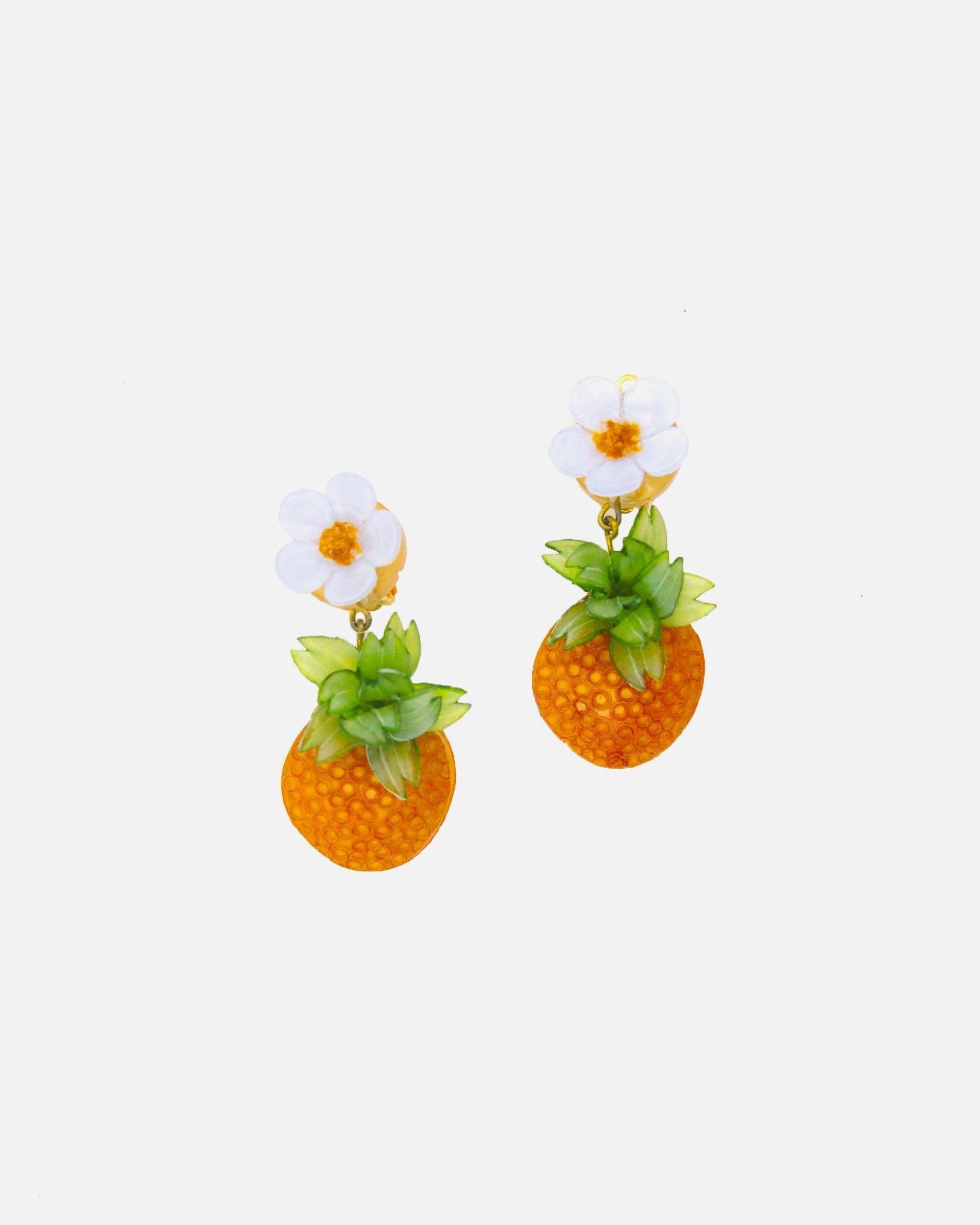 Boucles d'oreilles Ananas jaunes avec feuilles et fleurs blanches all-groups