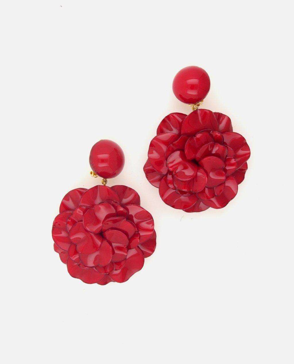 Boucles d'oreilles longues pendantes géranium rouges oreilles non percées