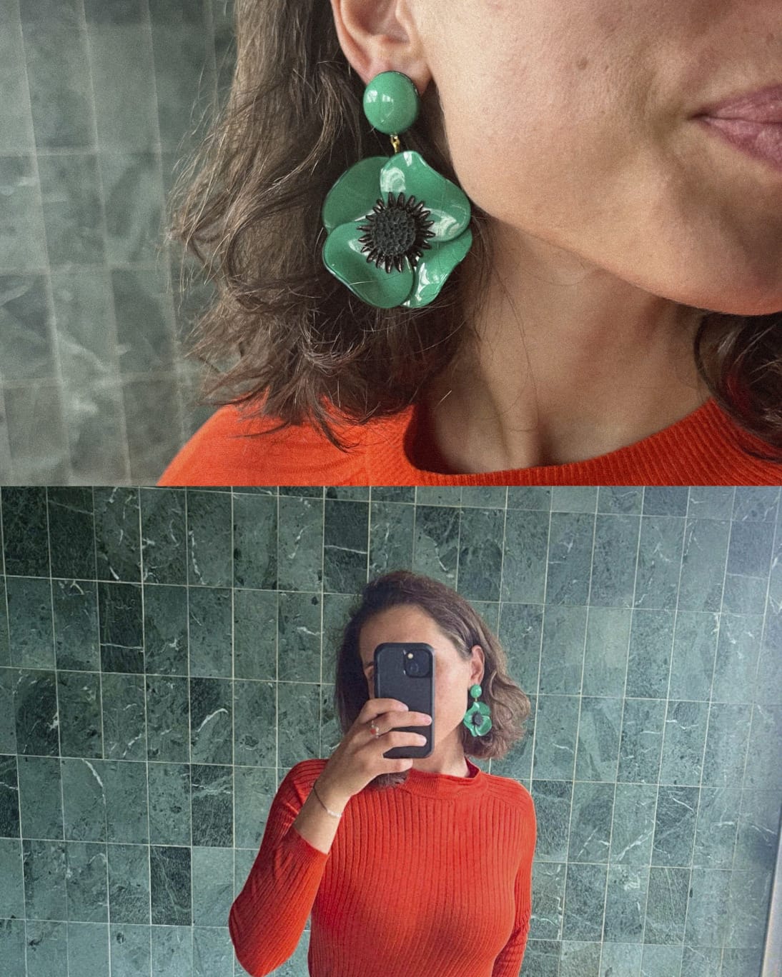 all-groups femme portant des boucles d'oreilles vertes pendantes