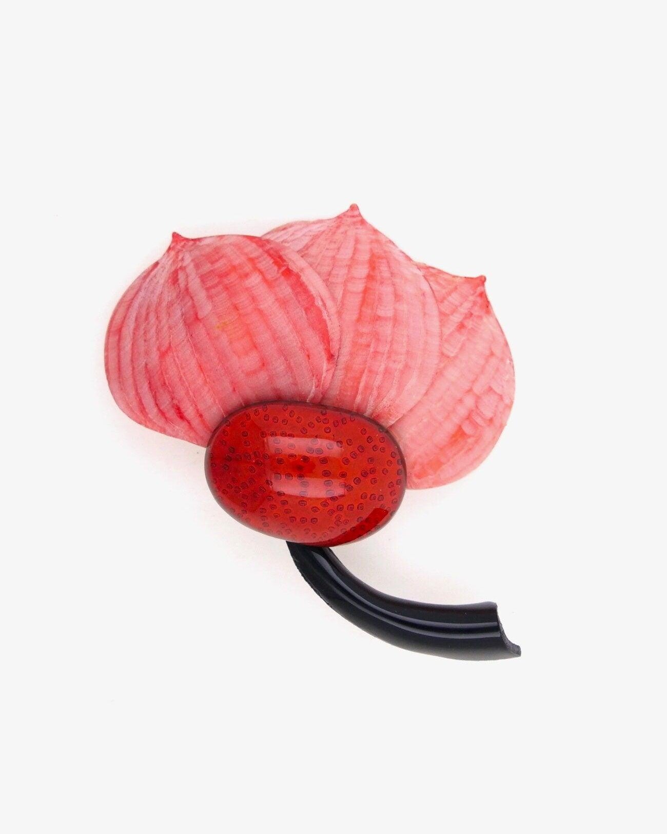 broche femme originale rouge et rose avec tige noire