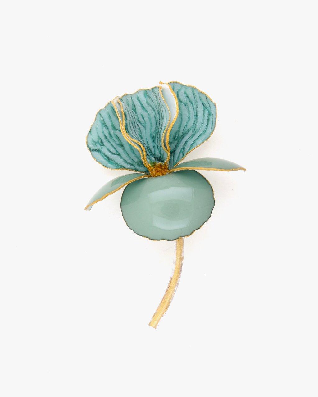 Broche fleur bleue et dorée avec une tige en or