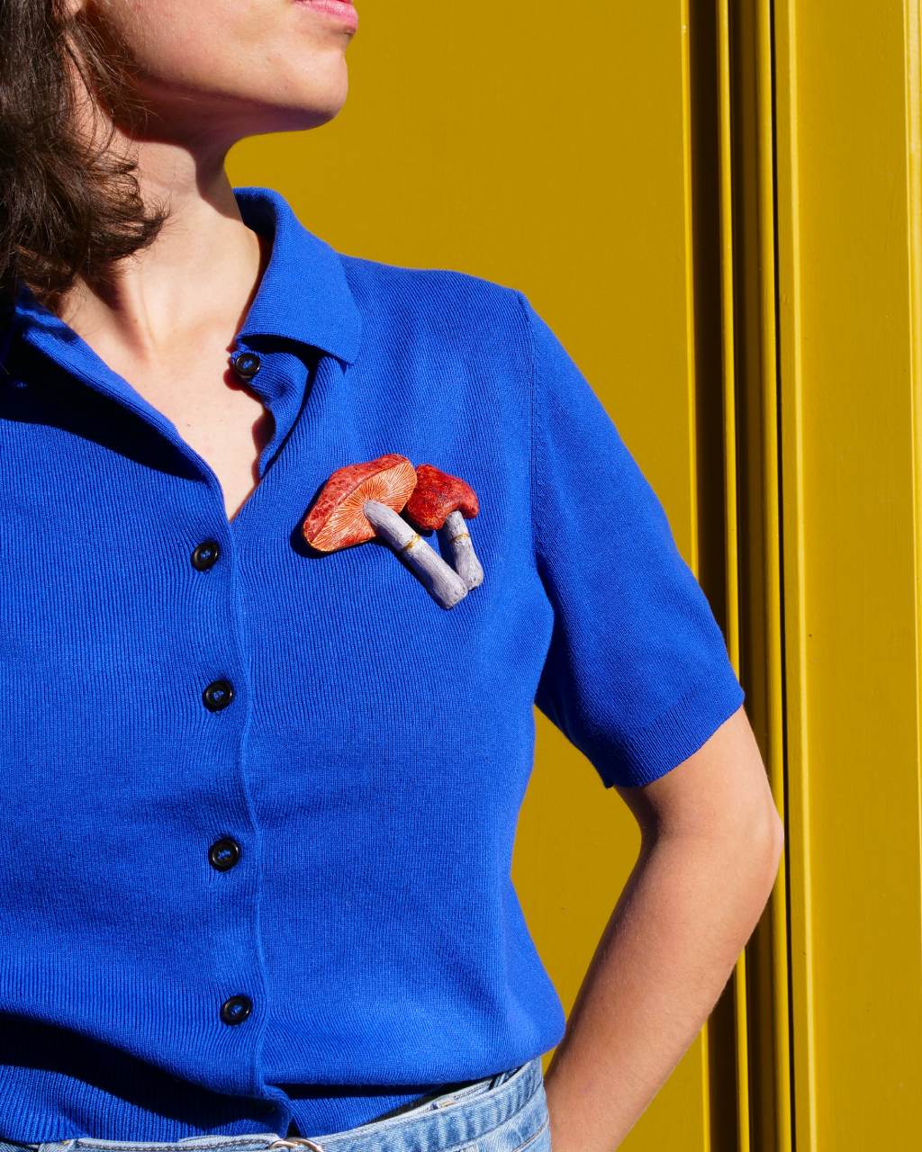 all-groups broche champignon simon portee par une femme avec un haut bleu