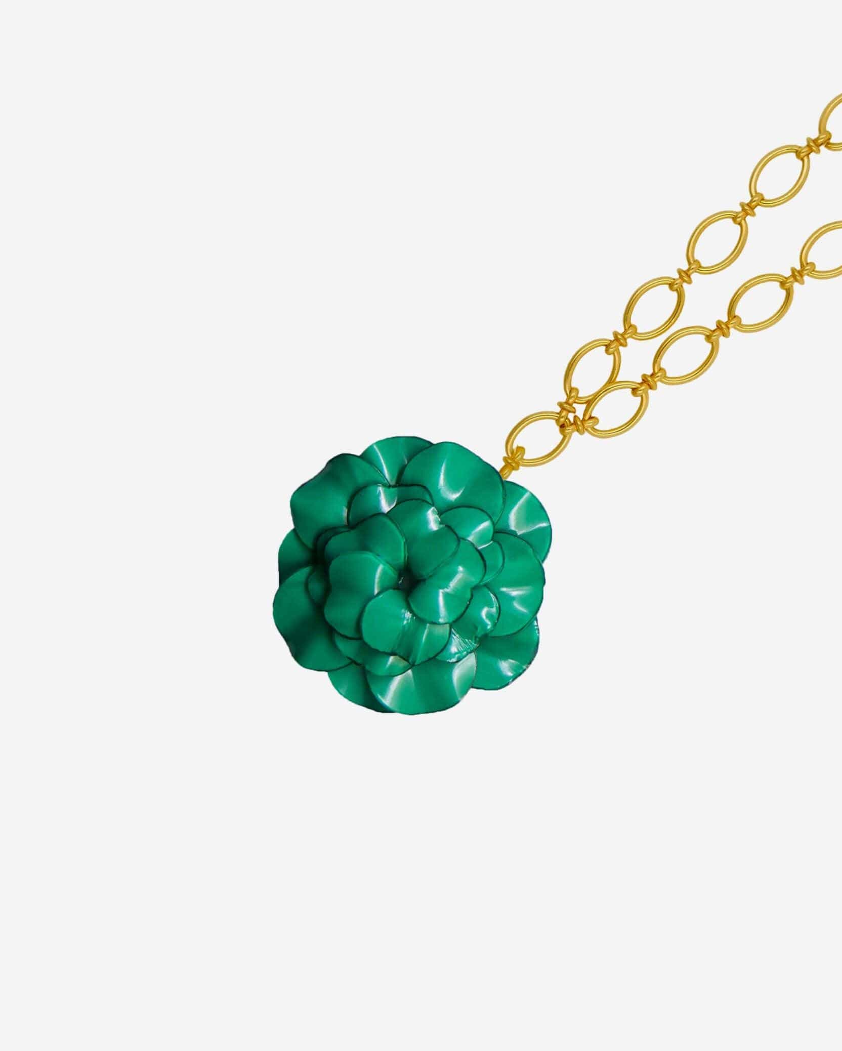 Collier femme fantaisie fleuri vert avec chaine dorée