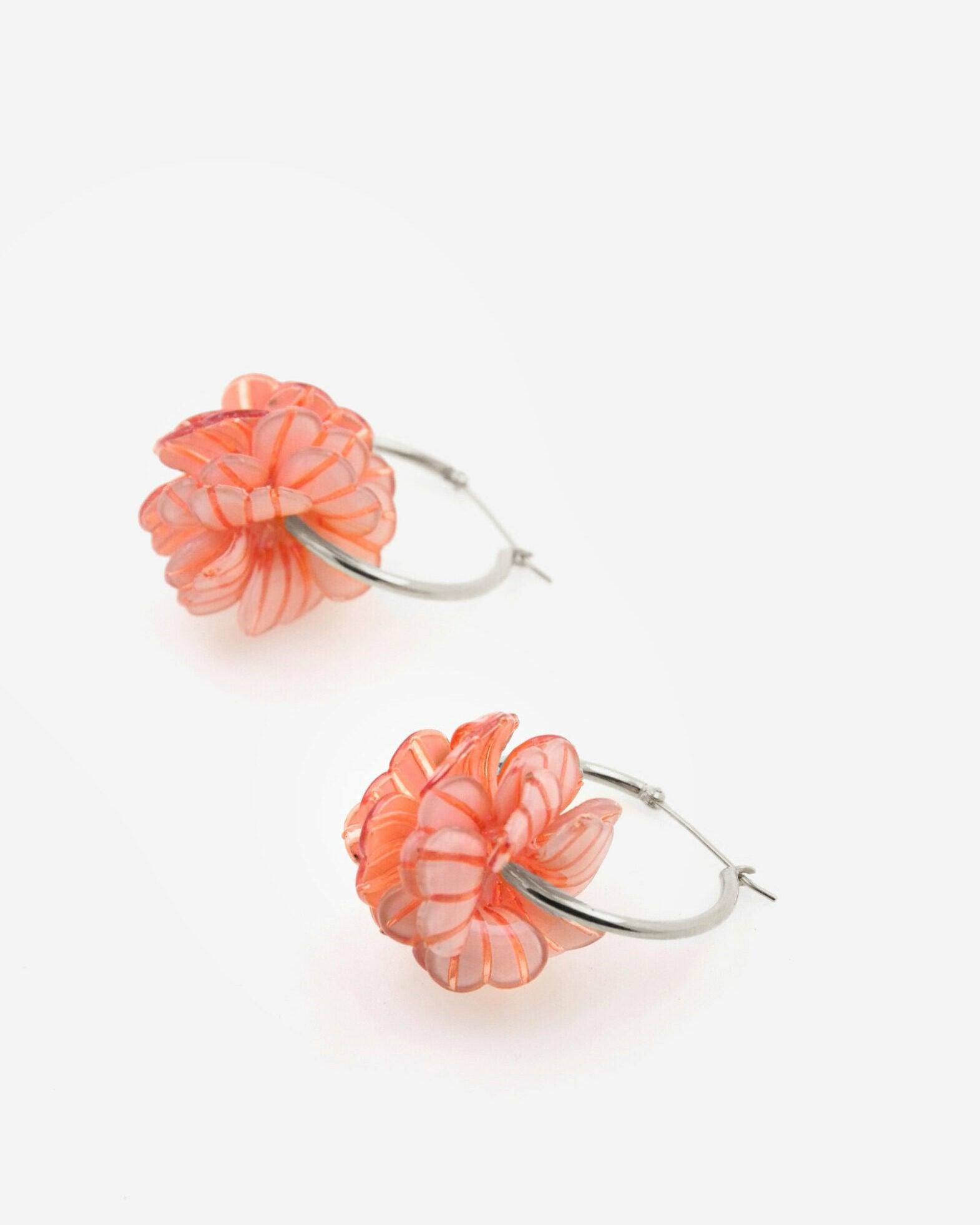 Bijoux créoles argent avec fleur striée rose