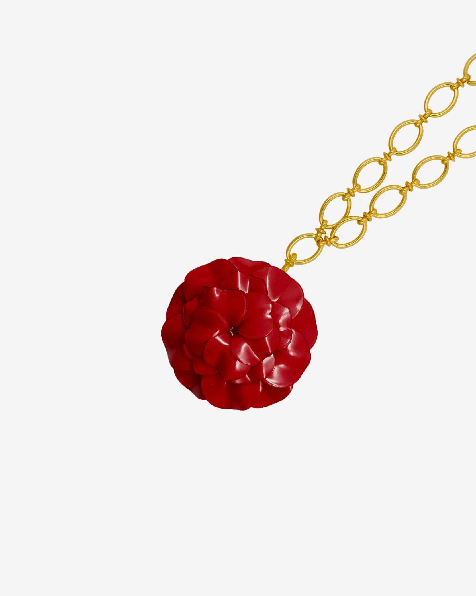 Collier femme fantaisie fleuri rouge avec chaine dorée