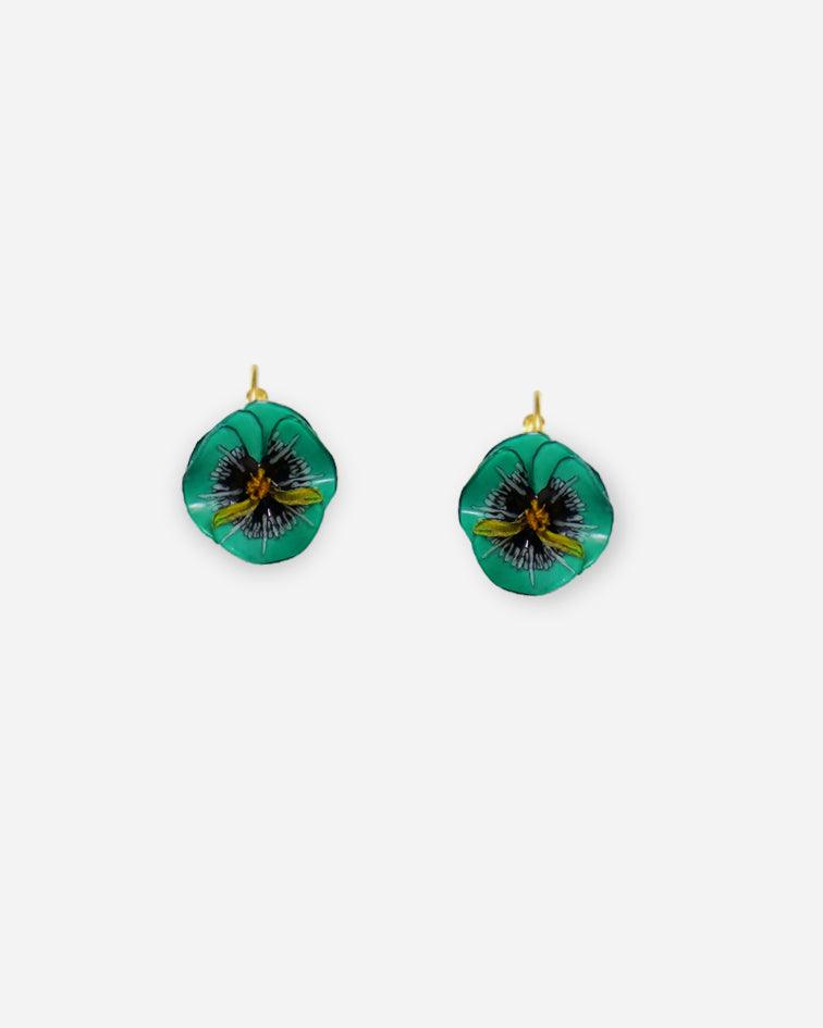 boucles d'oreilles clip vert emeraude en fleur de pensée