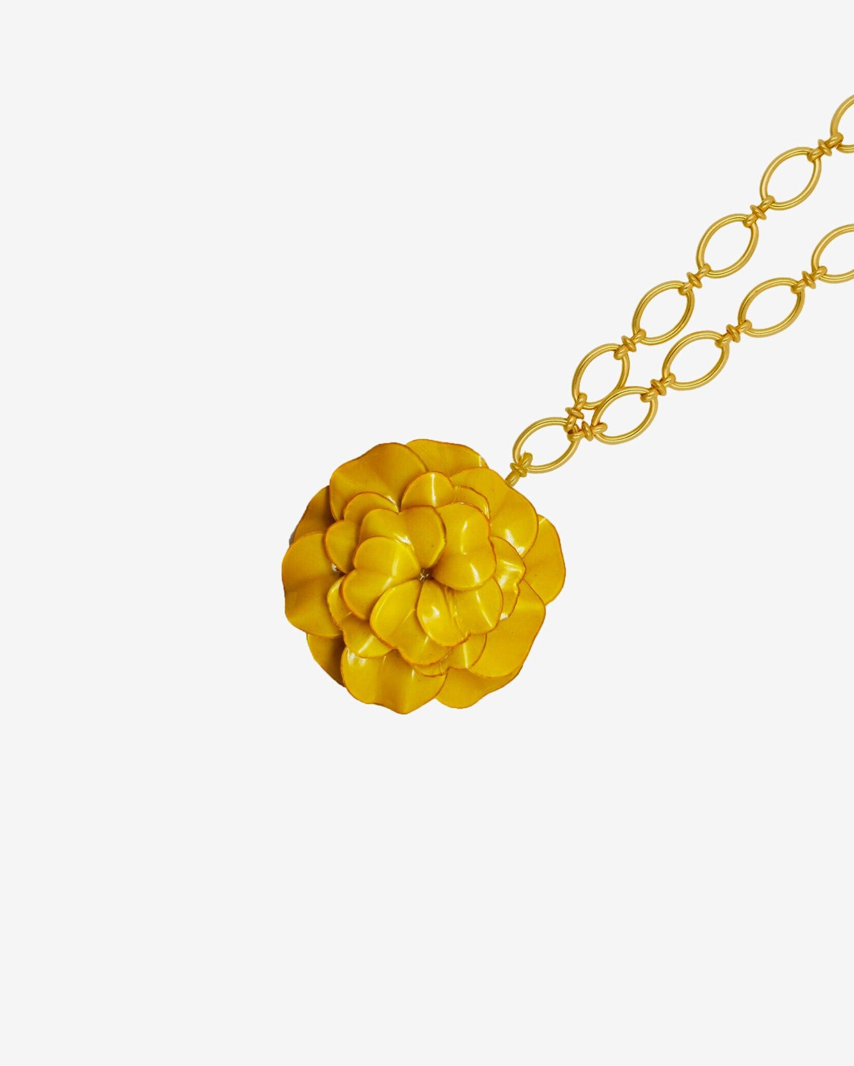 Collier femme fantaisie fleuri jaune avec chaine dorée
