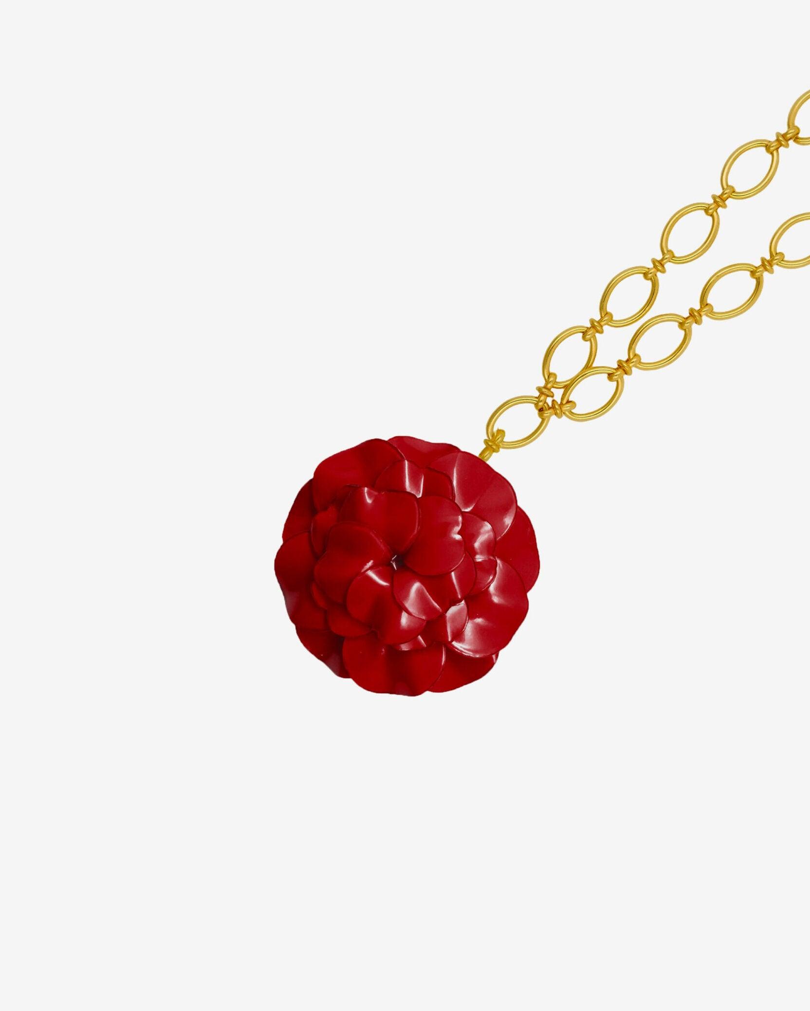 Collier femme fantaisie fleuri rouge avec chaine dorée