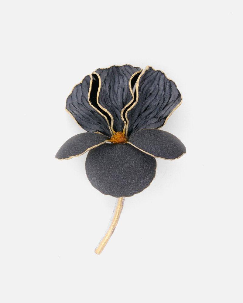 bijou broches fantaisie noire avec tige en feuilles d'or
