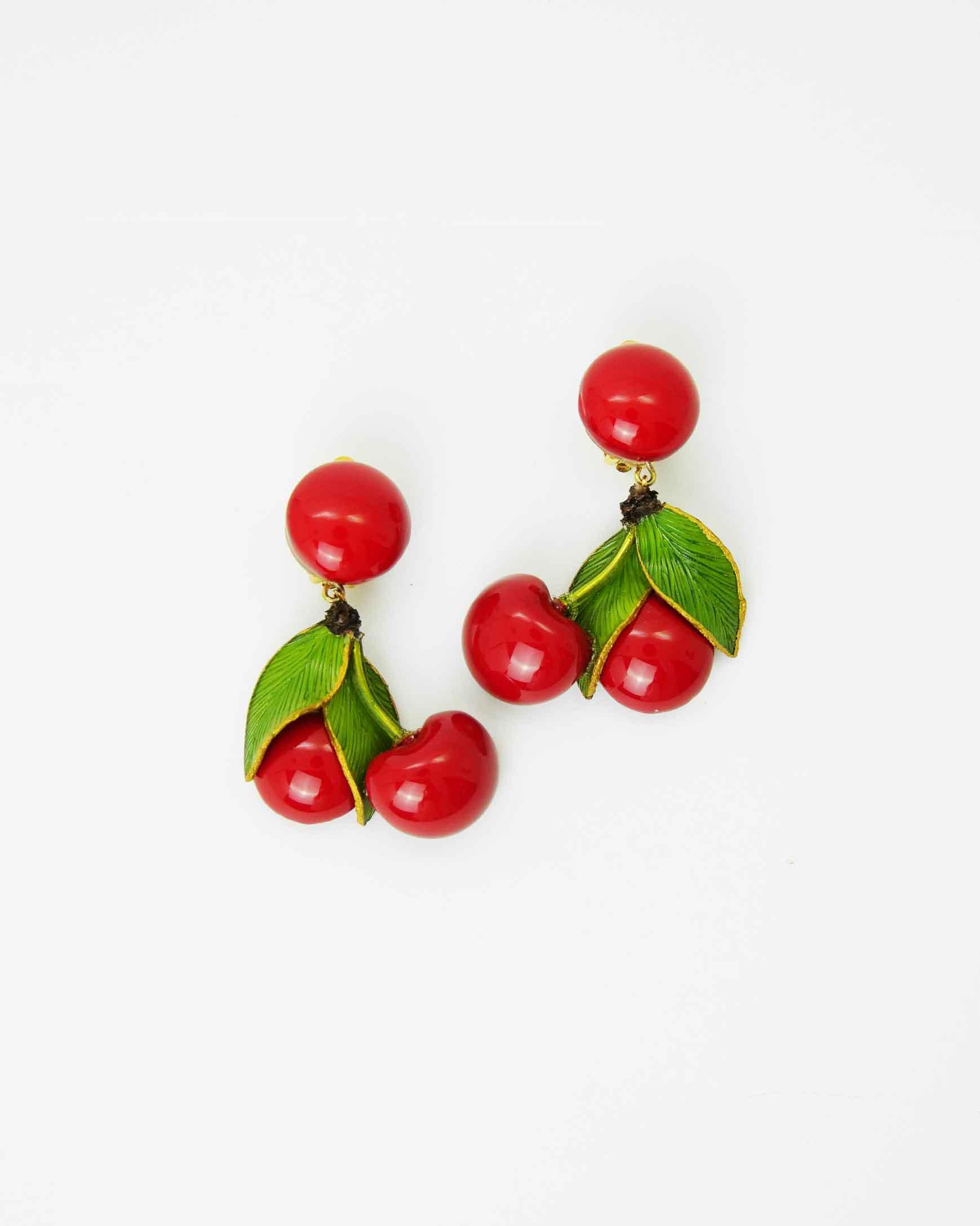Boucles d'oreilles clips pendantes cerises rouges all-groups